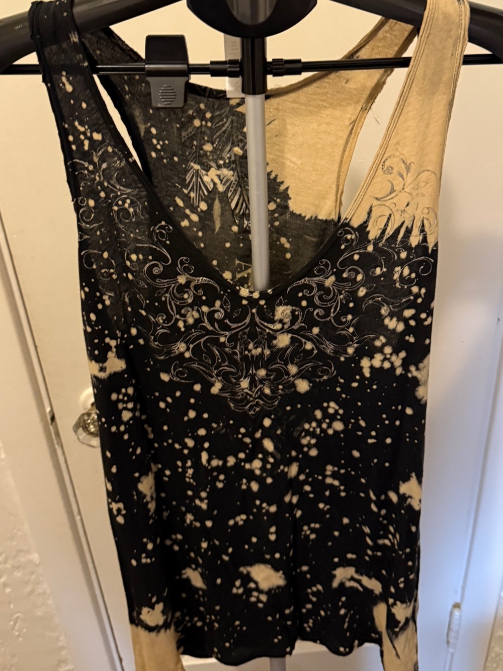 Affliction gold filigree Black and Cream Tie-Dye V-Neck Tank Top - Women's